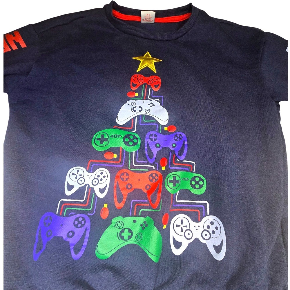Holidayโ Time Boys Gaming Christmas Tree Sweatshirt Navy Blue Large 10-12 Gamer